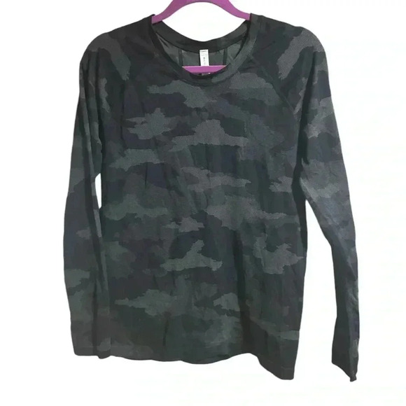 Athleta Size Large Momentum Camo Long Sleeve Top Fitted Black Gray Thumbhole - Picture 2 of 4